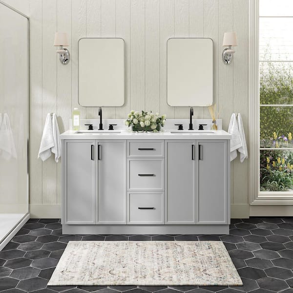 ARIEL Kelly 60 in. Double Sink Freestanding Bathroom Vanity in Gray with Pure White Quartz Top