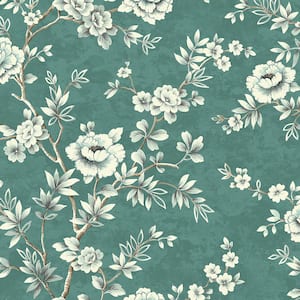 60.75 sq. ft. Aged Teal and Metallic Pearl Bissette Floral Trail Unpasted Paper Wallpaper Roll