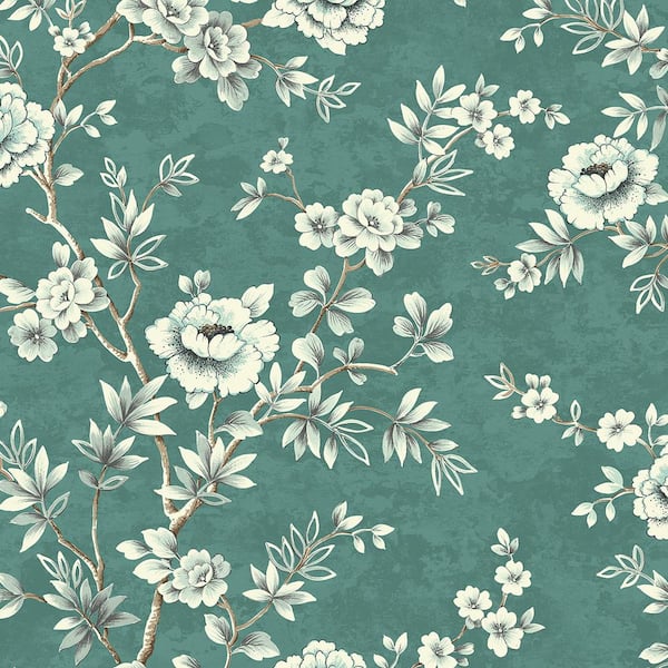 Seabrook Designs 60.75 sq. ft. Aged Teal and Metallic Pearl Bissette Floral Trail Unpasted Paper Wallpaper Roll