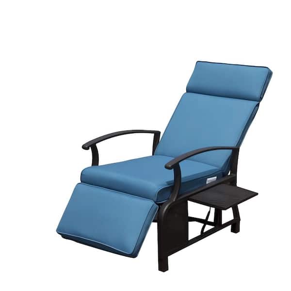 Sudzendf Black Metal Outdoor Adjustable Patio Recliner Chair Lounge Chair with Navy Blue Cushion, Flip Table Push Back