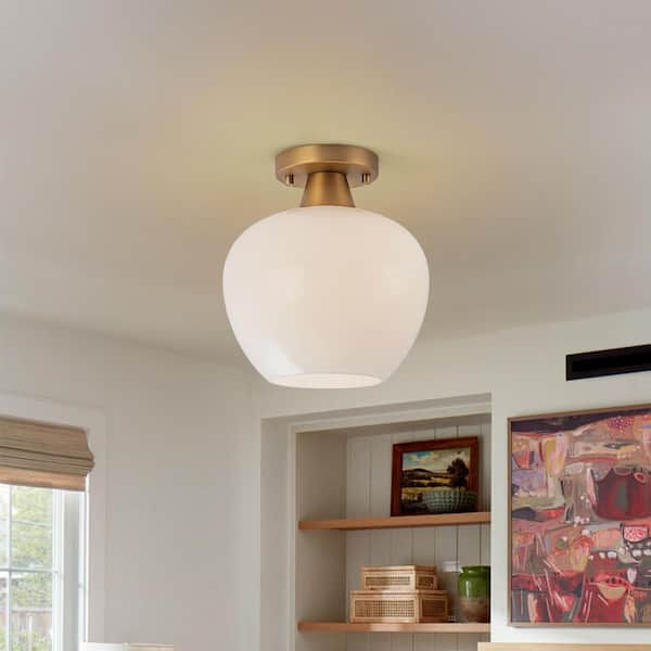 Dvorakova 9.06 in. 1-Light Natural Brass Semi Flush Mount with Clear Opal Glass Shade