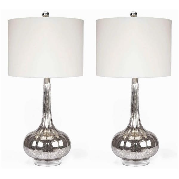 DEVON & CLAIRE Mercury 28 in. Silver Table Lamp Set with Antiqued Glass Base and Silver Finish (Set Of 2)