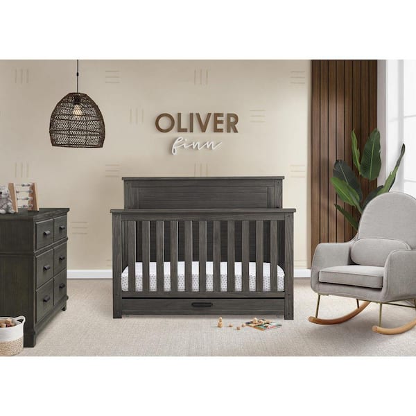 Simmons Kids Caden 6-in-1 Convertible Crib with Trundle Drawer-Greenguard Gold Certified, Rustic Grey