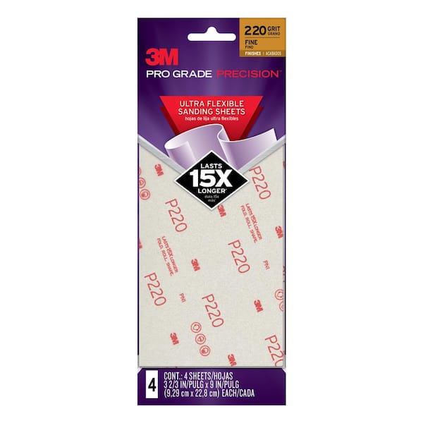 3M Pro Grade Precision 3-2/3 in. x 9 in. 220 Fine Grit Ultra Flexible Sanding Sheets (4-Pack)(Case of 10)