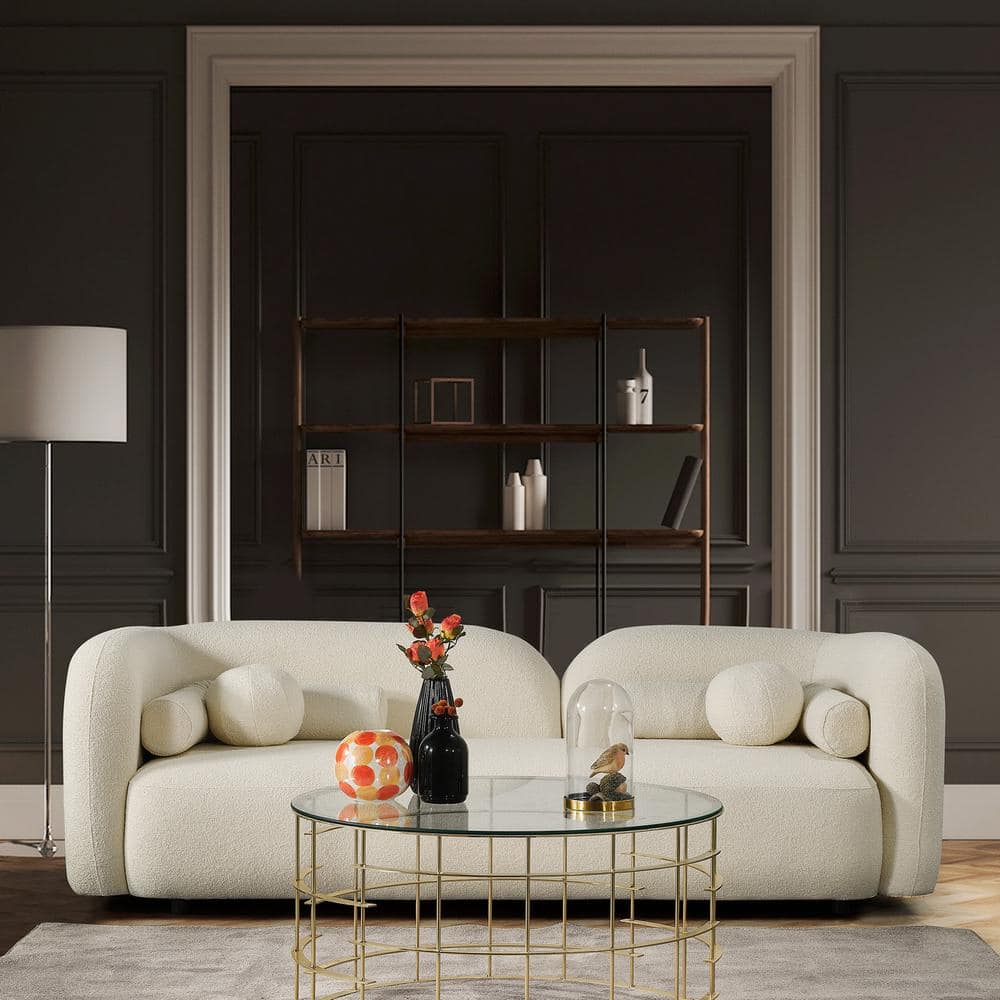 Donna Ivory Boucle Fabric Round Arm Sofa with Solid Wood Frame