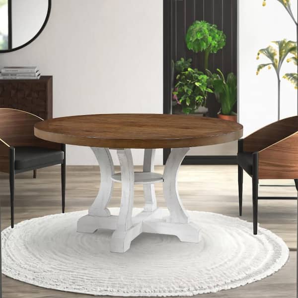 Benjara Modern Style 54 in. Brown and White Wooden Pedestal Base Dining Table (Seats 4)