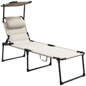 Cream White Outdoor Lounge Chair, Adjustable Backrest Folding Chaise Lounge with Sunshade Roof and Pillow Headrest