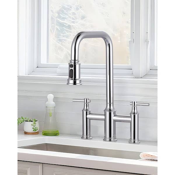 Double Handle Bridge Kitchen Faucet with Pull-Down Spray Head, Deck Mount 3 Holes Kitchen Sink Faucet in Polished Chrome