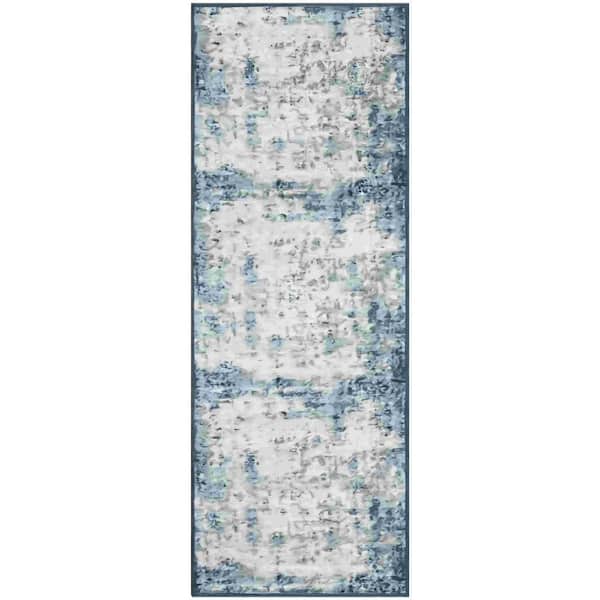 Abstract Indoor Blue in 2 ft. x 7 ft. Non-Shedding Stain Resistant Mat Area Rug