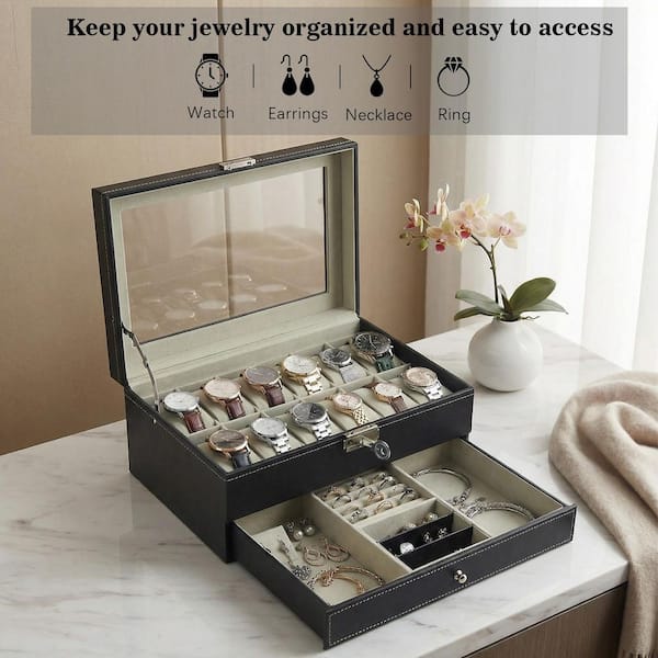 Vsmile 2-Tier Black Jewelry Storage Box, Storage Box for Necklaces