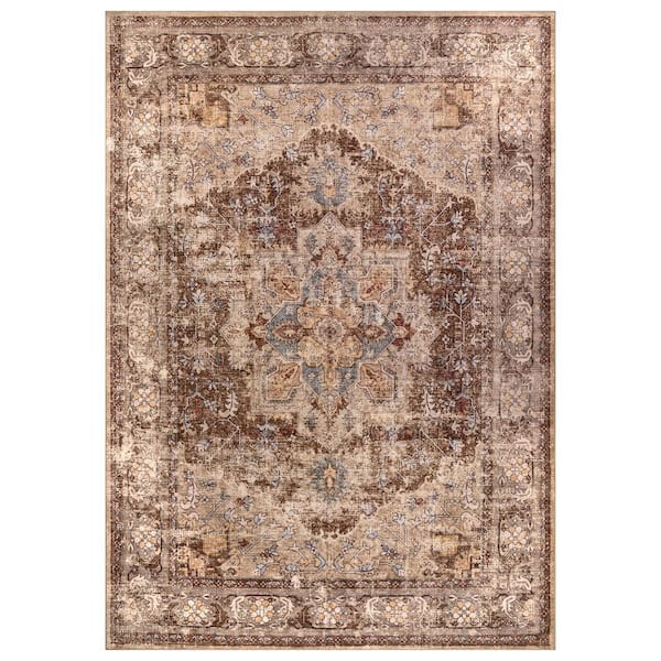 Traditional Medallion Chestnut Brown Machine Washable Non-Slip Backing 5 ft. x 7 ft. Brown Area Rug