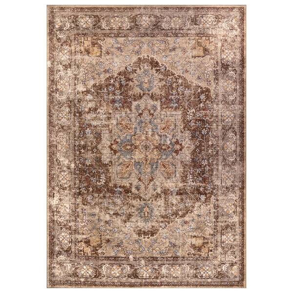 Traditional Medallion Chestnut Brown Machine Washable Non-Slip Backing 6 ft. x 9 ft. Brown Area Rug