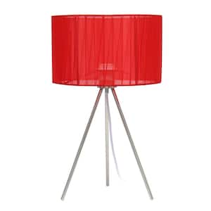 19.69 in. Brushed Nickel Contemporary Pedestal Table Lamp with Red Fabric Shade