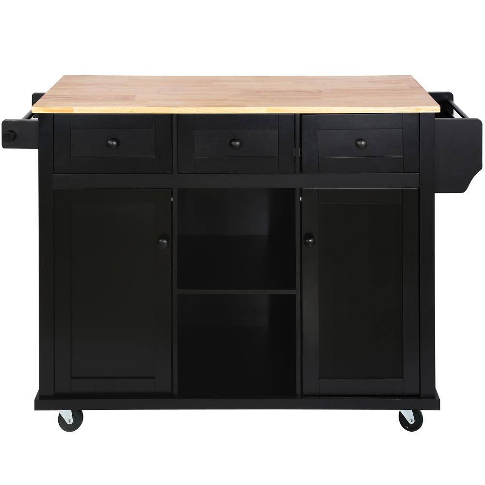 Black Rubber Wood 53.1 in. Kitchen Island with 5 Wheels, 3 Drawers, Drop Leaf, Internal Storage Racks price history on PriceWatchPro