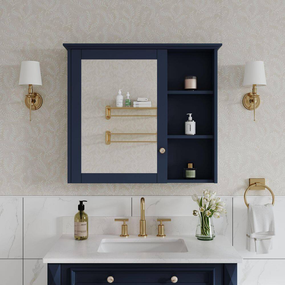34 in. W x 30 in. H Rectangular Blue Wood Surface Mount Medicine Cabinet with Mirror, 2-Sided Mirror, Blum Soft Close price history on PriceWatchPro