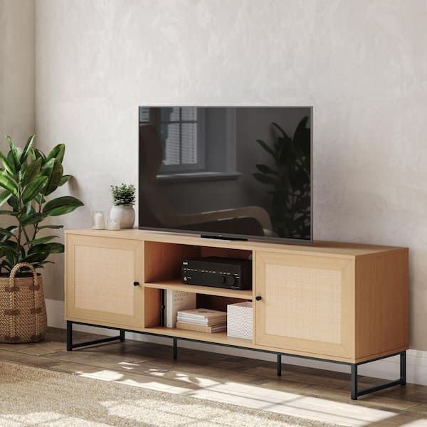 Carnegy Avenue Malaki Natural TV Stand Entertainment Center Fits TV's Up to 65 in. with 2 Rattan Soft Close Doors