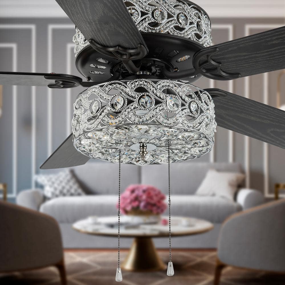 52" Silver and Black Crystal Chandelier Ceiling Fan with Reversible Blades