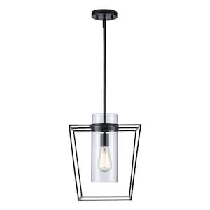 12 in. 1-Light Black Pendant Light Fixture with Clear Glass Cylinder Shade
