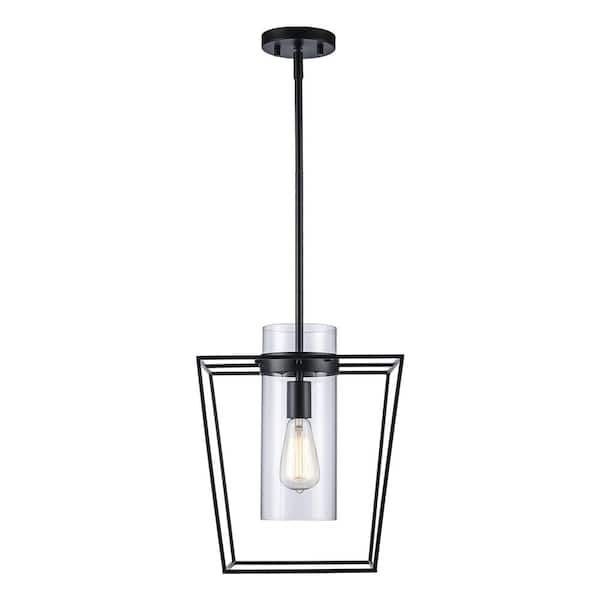 Monteaux Lighting 12 in. 1-Light Black Pendant Light Fixture with Clear Glass Cylinder Shade