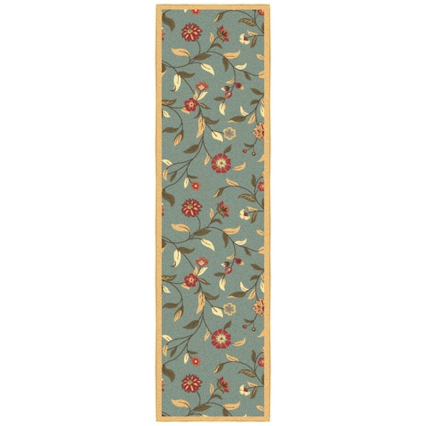 Ottohome Collection Non-Slip Rubberback Floral Leaves 2x7 Indoor Runner Rug, 1 ft. 10 in. x 7 ft., Dark Seafoam Green