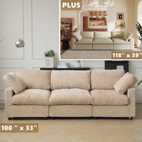 101 in. Square Arm Chenille Fabric 3-Piece Modular Free Combination Sectional Sofa in. Khaki