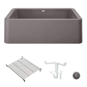 Ikon 33 in. Farmhouse/Apron-Front Single Bowl Metallic Gray Granite Composite Kitchen Sink Kit with Accessories