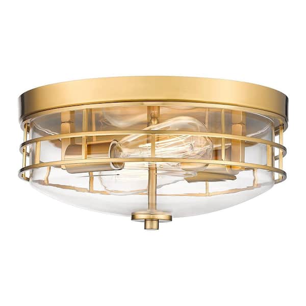 JAZAVA 13 in. 2-Light Brushed Gold Flush Mount with Clear Glass Shade and No Bulbs Included