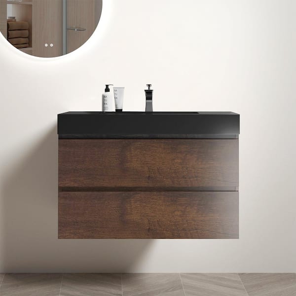 INSTER NOBLE 36 in. W x 18 in. D x 25 in. H Single Sink Floating Bath Vanity in Wood with Black Solid Surface Integral Top