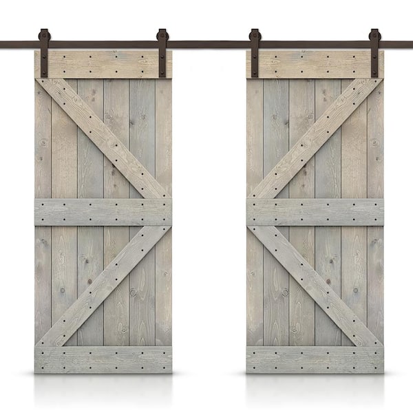 CALHOME K 56 in. x 84 in. Smoke Gray Stained DIY Solid Pine Wood Interior Double Sliding Barn Door with Hardware Kit