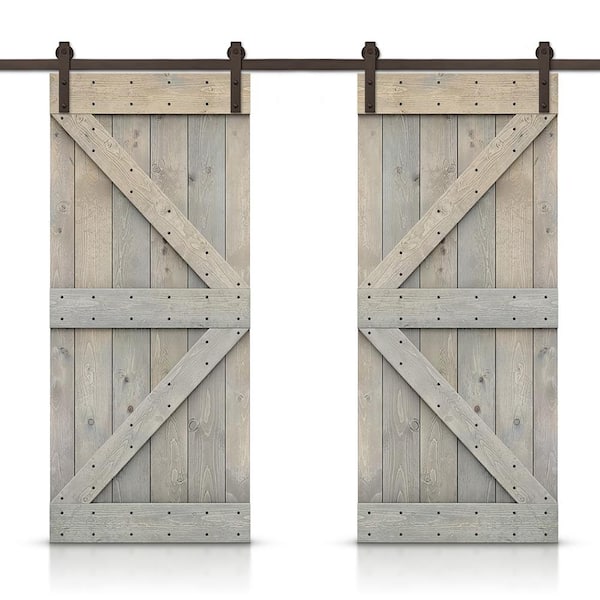 CALHOME K 92 in. x 84 in. Smoke Gray Stained DIY Solid Pine Wood Interior Double Sliding Barn Door with Hardware Kit