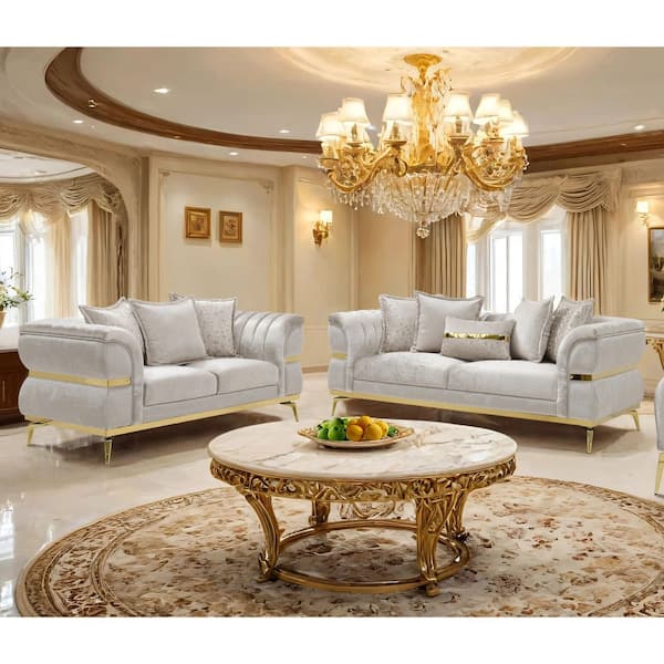 Dalso 2-Piece Beige and Gold Accents Fabric Sofa Set with Metal Legs and Flare Channeled Arms