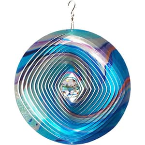 Mandala Wind Spinner with Crystal ball 3D Stainless Steel Hanging Kinetic Yard Art Multi Blue Wind Sculpture