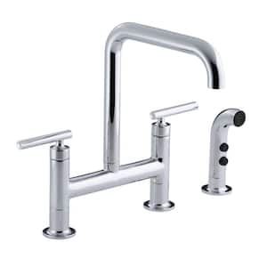 Purist 12 in. 2-Handle Deck-Mount High-Arc Bridge Kitchen Faucet with Side Sprayer in Polished Chrome