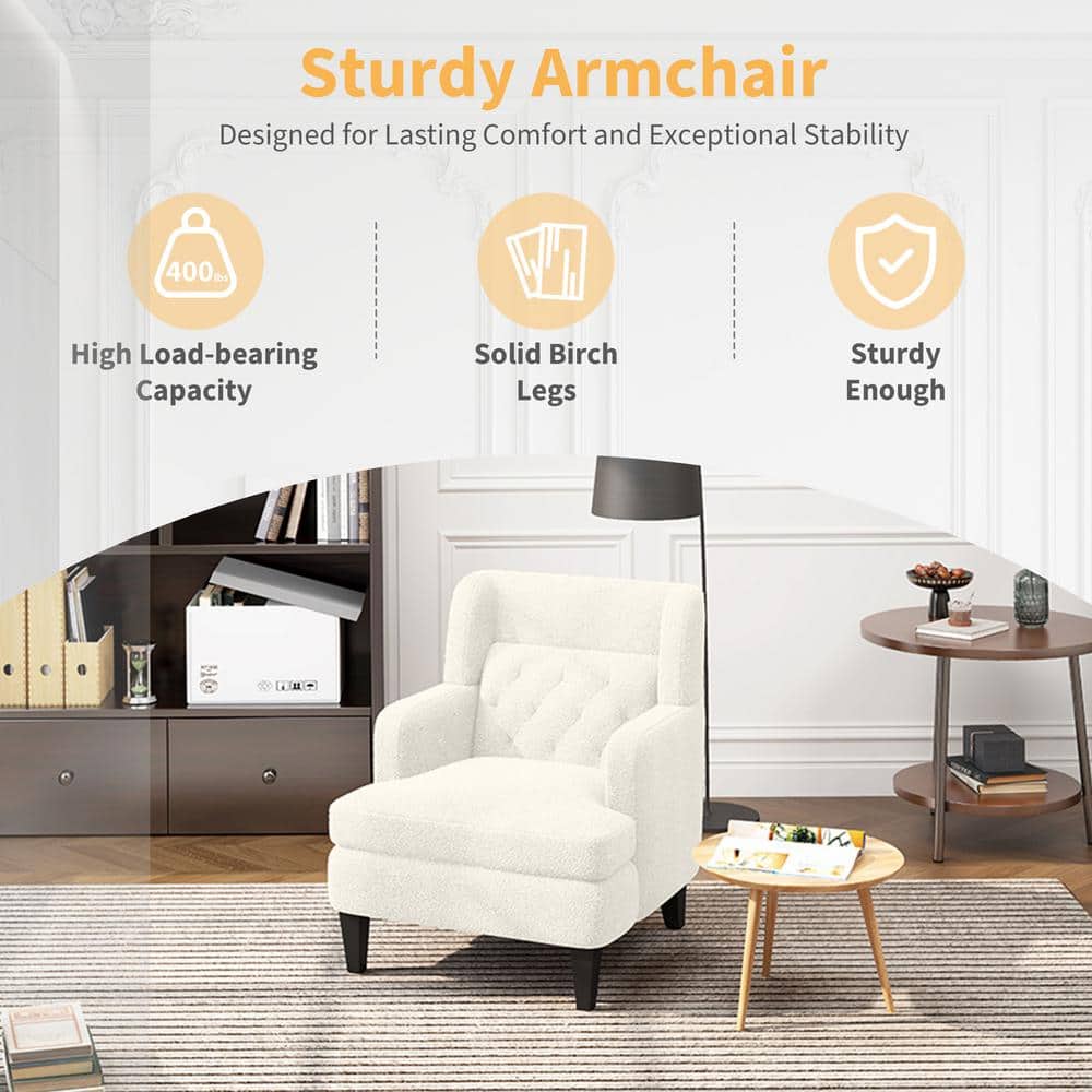 Modern White Teddy Fabric Upholstered Accent Chair with Wood Legs