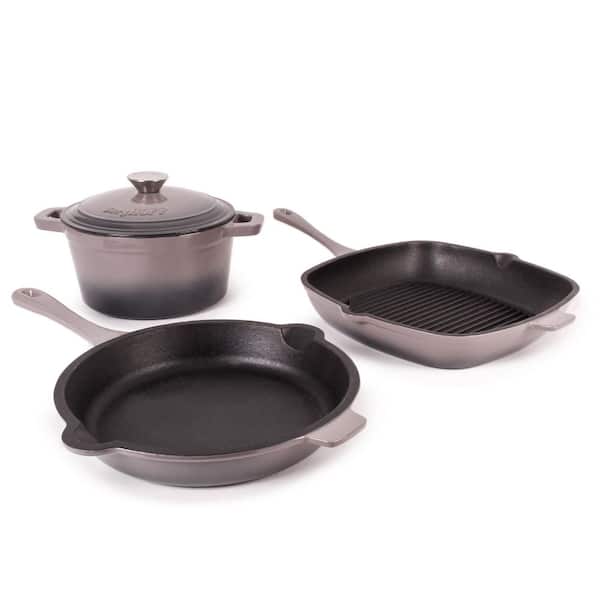 Neo 4-Piece Cast Iron Cookware Set, Fry Pan, Grill Pan and Round Dutch Oven, Oyster