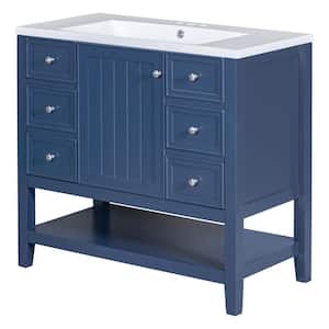 36 in. W x 18 in. D x 34.5 in. H Bathroom Vanity in Blue Solid Frame Bathroom Cabinet with Ceramic Basin Top and Drawer