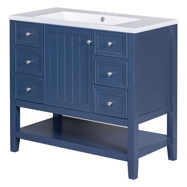 Runesay 36 in. W x 18 in. D x 34.5 in. H Bathroom Vanity in Blue Solid Frame Bathroom Cabinet with Ceramic Basin Top and Drawer