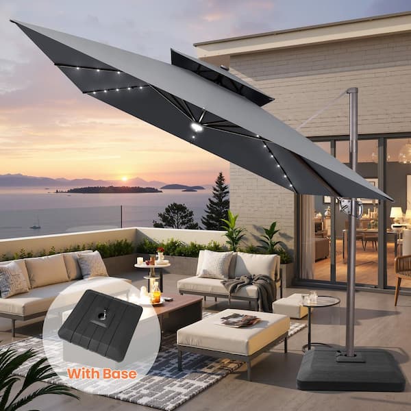 CLOUDFLY 11 ft. x 11 ft. Outdoor Patio Umbrella 6-Tilt Angles Solar LED Cantilever Umbrella and 4-Piece 240 lbs. Base in Gray