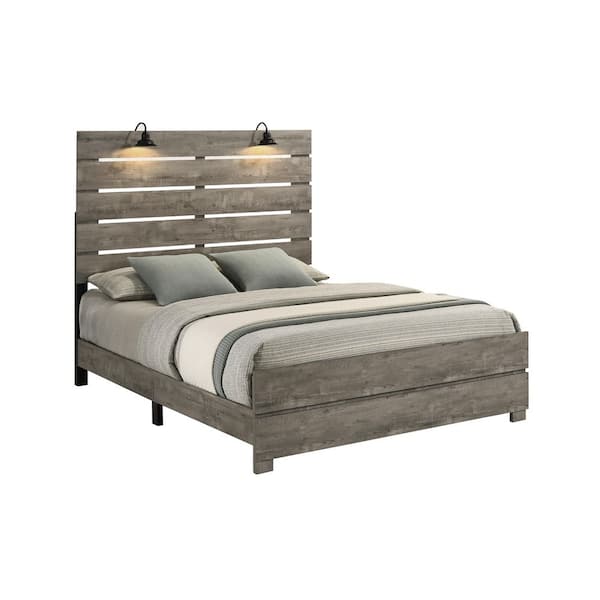 Nico Antique Gray Color Wood Frame Full Size Panel Bed With 2 Head Lamps