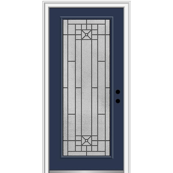 MMI DOOR Courtyard 36 in. x 80 in. Left-Hand Full-Lite Decorative Blue Fiberglass Smooth Prehung Front Door on 6-9/16 in. Frame