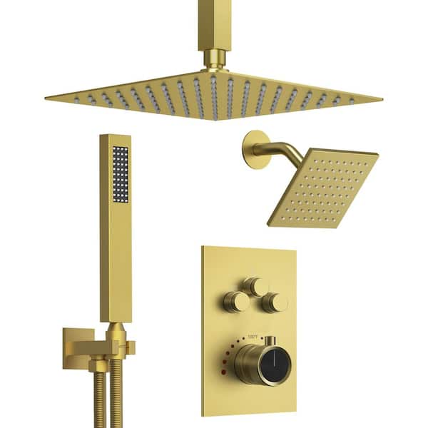 GRANDJOY Multiple Press Dual Showers 7-Spray Ceiling Mount 12 in. Fixed and Handheld Shower Head 2.5 GPM in Brushed Gold