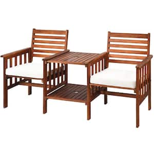 Brown Acacia Wood Outdoor Loveseat with Table and White Cushions