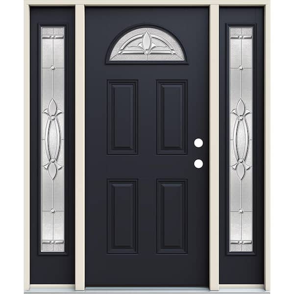 JELD-WEN 60 in. x 80 in. Left-Hand Fan Lite Decorative Glass Blakely Black Fiberglass Prehung Front Door W/Sidelites
