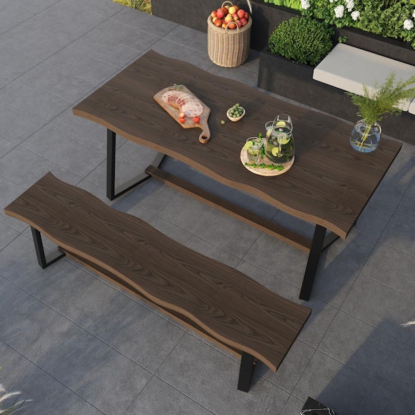 A Walnut Wood Top Surface and Metal Frame 70.9 in. Width Dining Table and Long Dining Chair, Indoor / Outdoor Dining Set