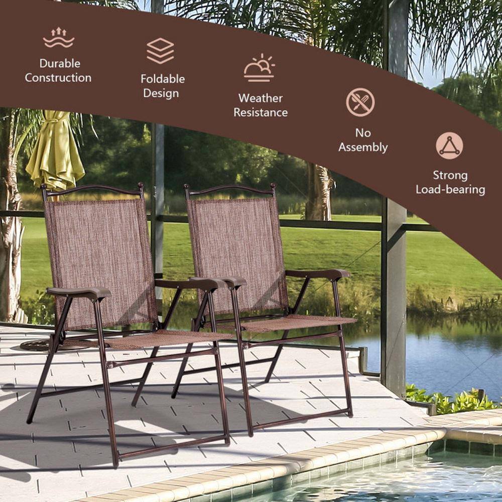 Brown Steel Frame Folding Patio Chairs Set of 2