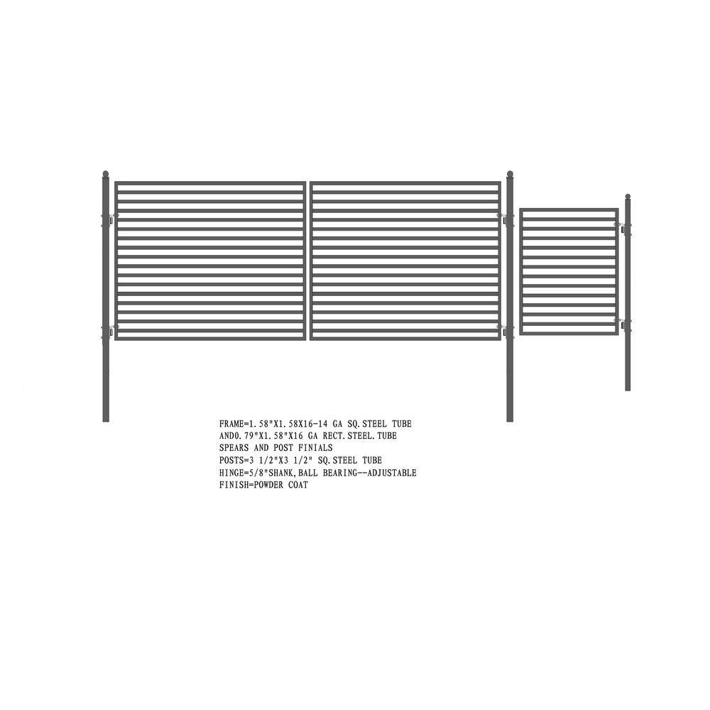 Milan Style 14 ft Black Steel Dual Swing Driveway Gate with Pedestrian Gate