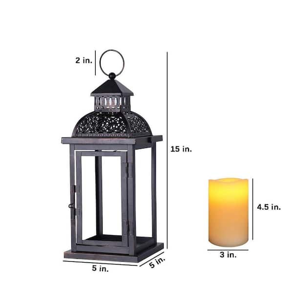 15 in. x 5 in. Black Metal Vintage Lantern with LED Candle