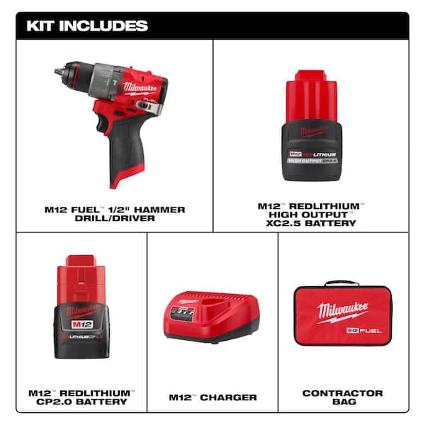 M12 FUEL 12-Volt Li-Ion Brushless Cordless 1/2 in. Hammer Drill Kit w 2.0Ah Battery, High Output 2.5 Ah Battery &Charger