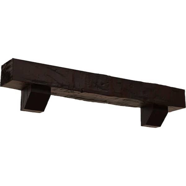 Ekena Millwork 4 in. x 4 in. x 5 ft. Hand Hewn Faux Wood Fireplace Mantel Kit with Ashford Corbels, Premium Hickory