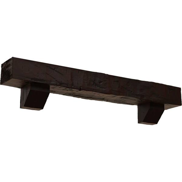 Ekena Millwork 8 in. x 8 in. x 4 ft. Hand Hewn Faux Wood Fireplace Mantel Kit with Ashford Corbels, Premium Hickory